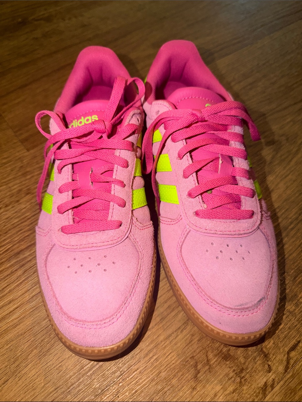 adidas Pink Sneakers with Neon Yellow Stripes